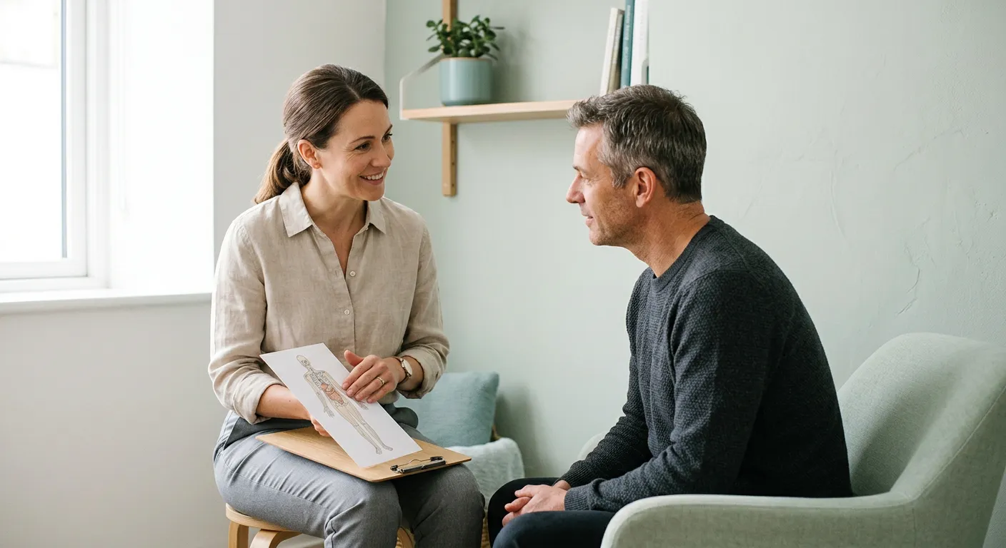 A healthcare professional and patient discussing a simple anatomical diagram.