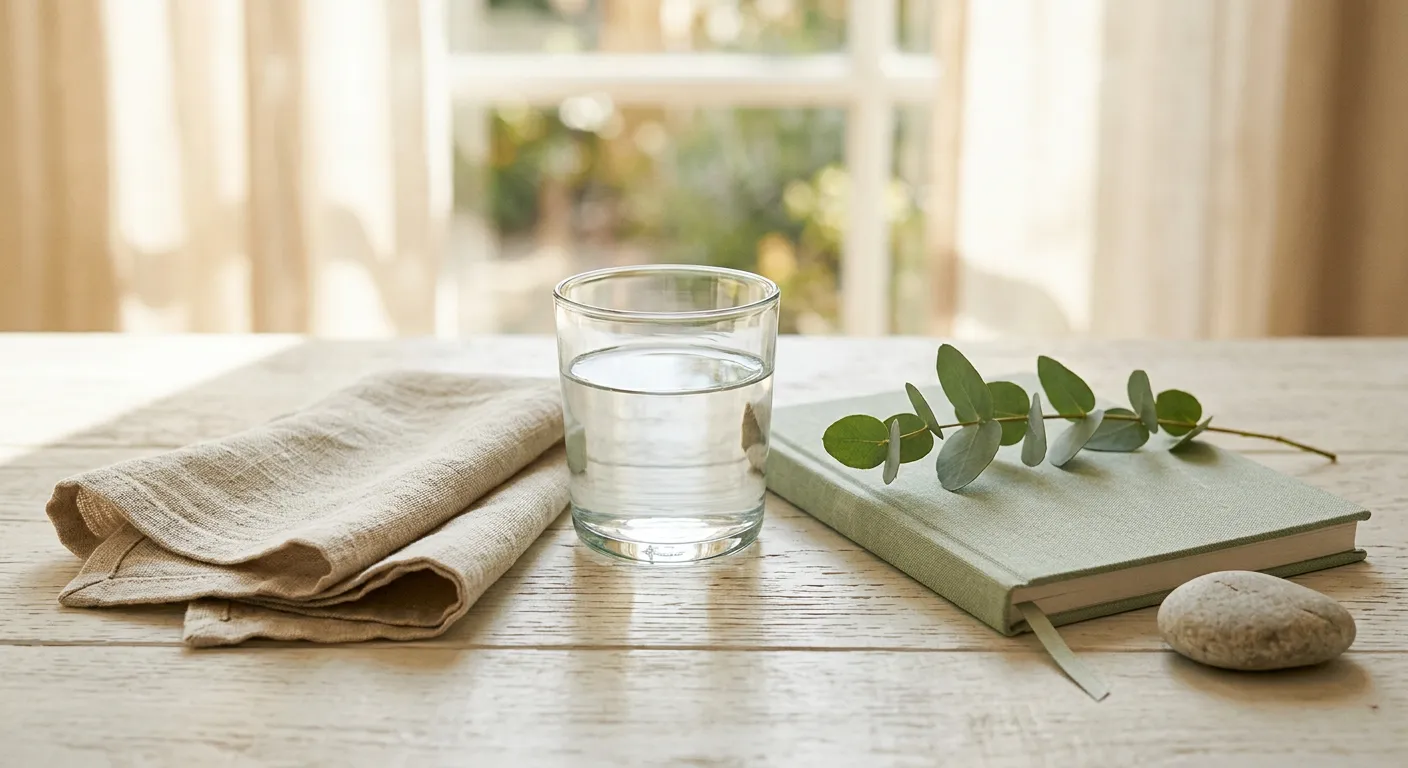 A glass of water, linen, a journal, and greenery in soft natural light.
